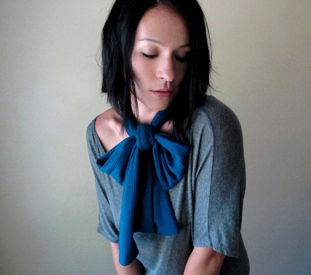 Peacock Blue Neck Bow - Womens Head Scarf, Hair Wrap, Headband - Ribbed Sweater Scarf, Hair Accessory