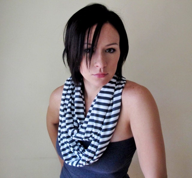 Gray Stripes Infinity Scarf - Handmade Striped Infinity Loop Scarf - Heather Gray, Charcoal Gray Stripes