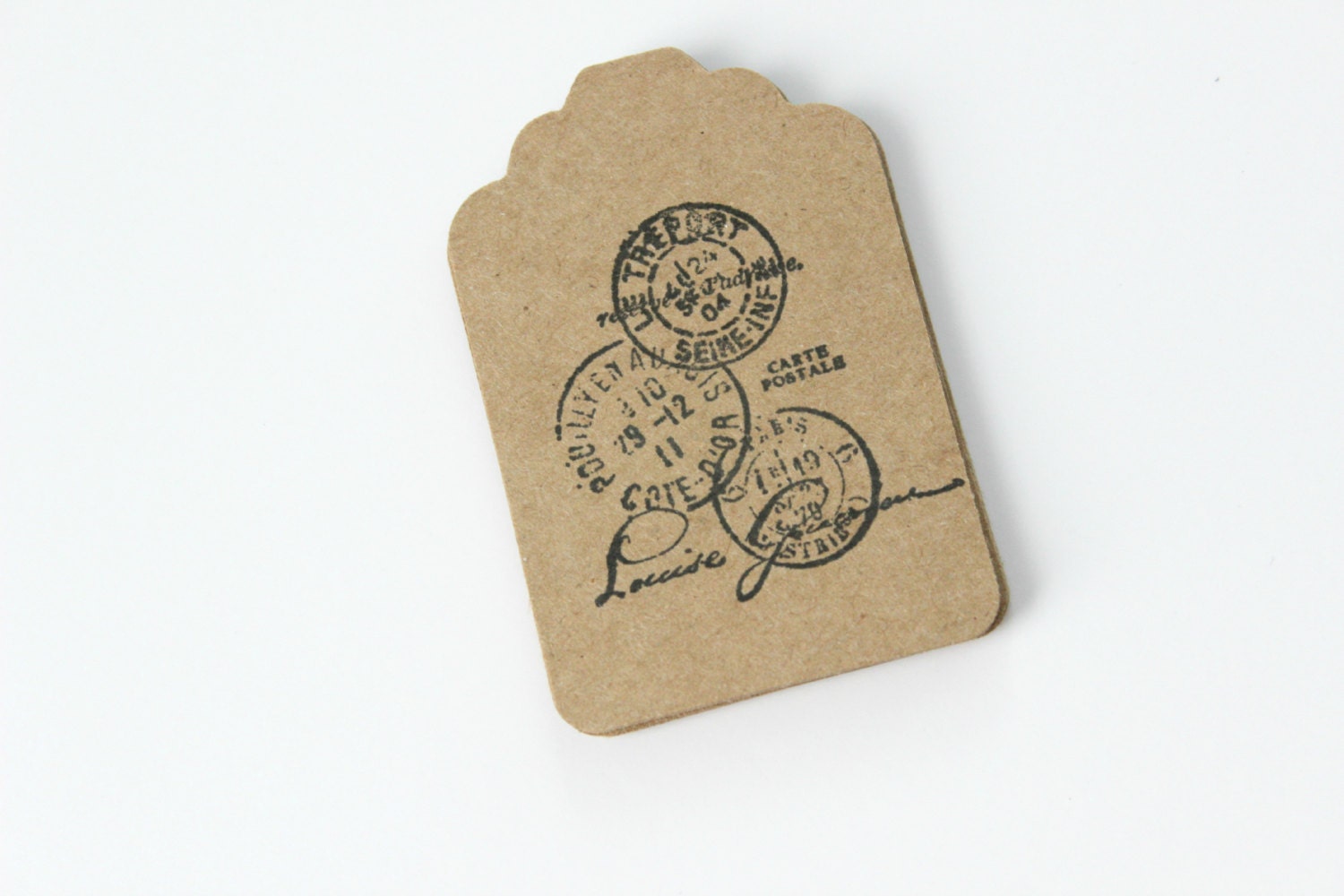 Kraft Stamped Tags Postage - Vintage Inspired - Label Tags - Typography French Country - Set of 12