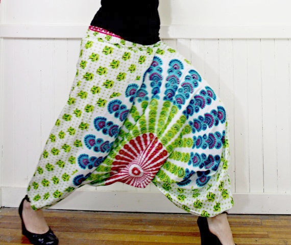 Handmade Harem Pants, White Peacock, Gypsy Pants, Romper, Maternity, Chakra, Aladdin, Baggy, Genie, Boho, Hippie,Yoga