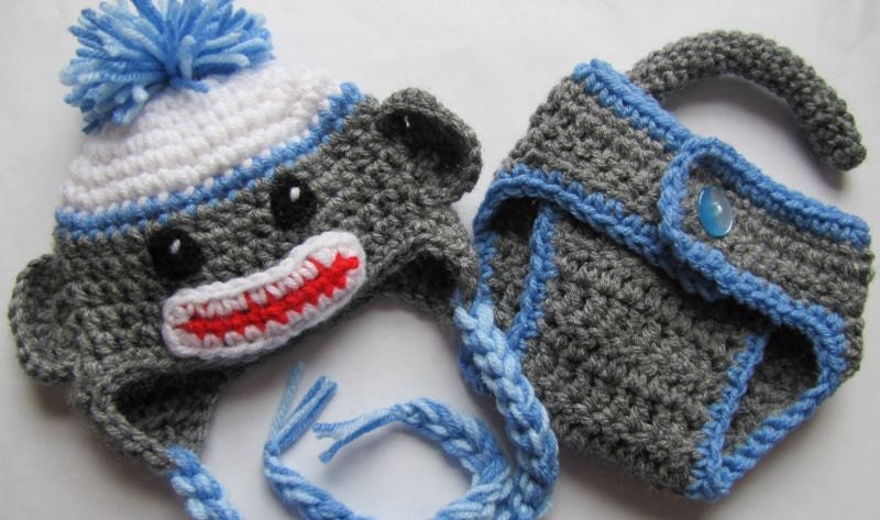 newborn (0-3 months) sock monkey hat and monkey pants with tail (blue trim)