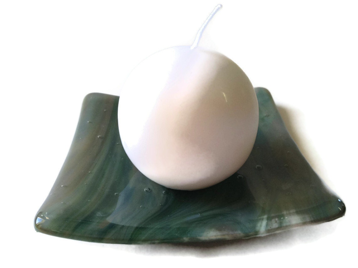 Fused Glass Votive Candle Holder  Square Sushi Style Green Swirlsi 296
