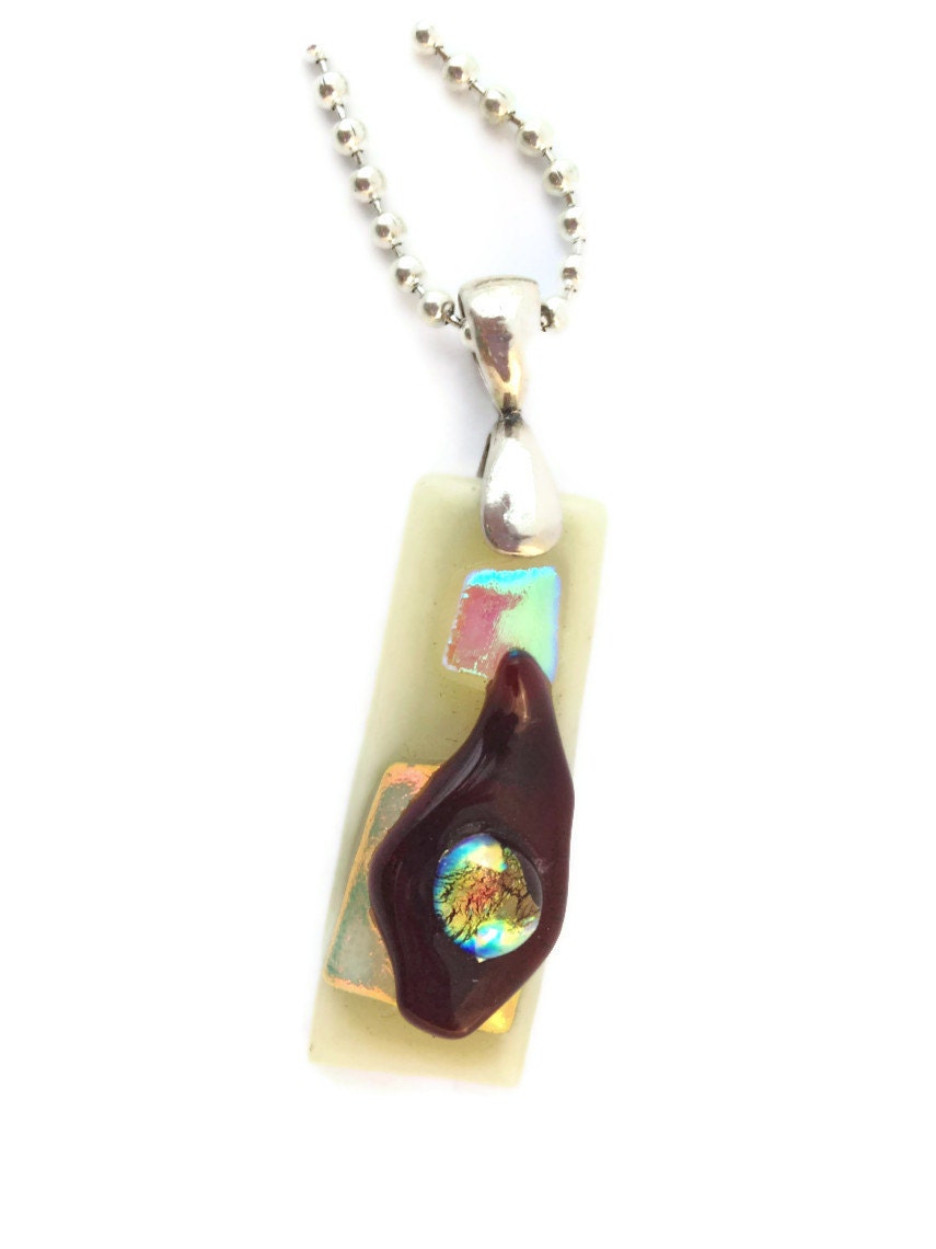 Fused Dichroic Glass Necklace Pendant Cream and Red Statement Jewelry 170