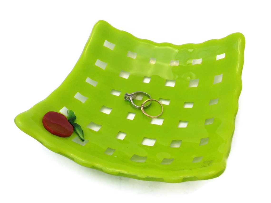 Sushi Style Fused Glass Dish Apple Green Woven Glass Plate 103