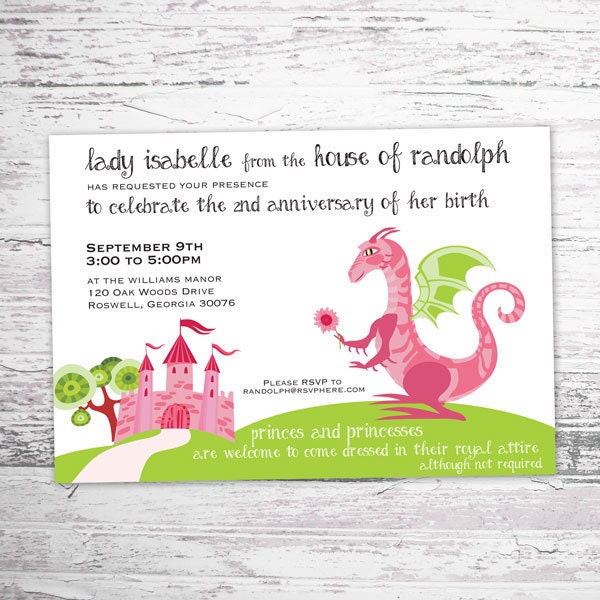 Princess birthday invitation - Medieval Castle Invitation - Dragon birthday - 5x7 girl birthday invitation