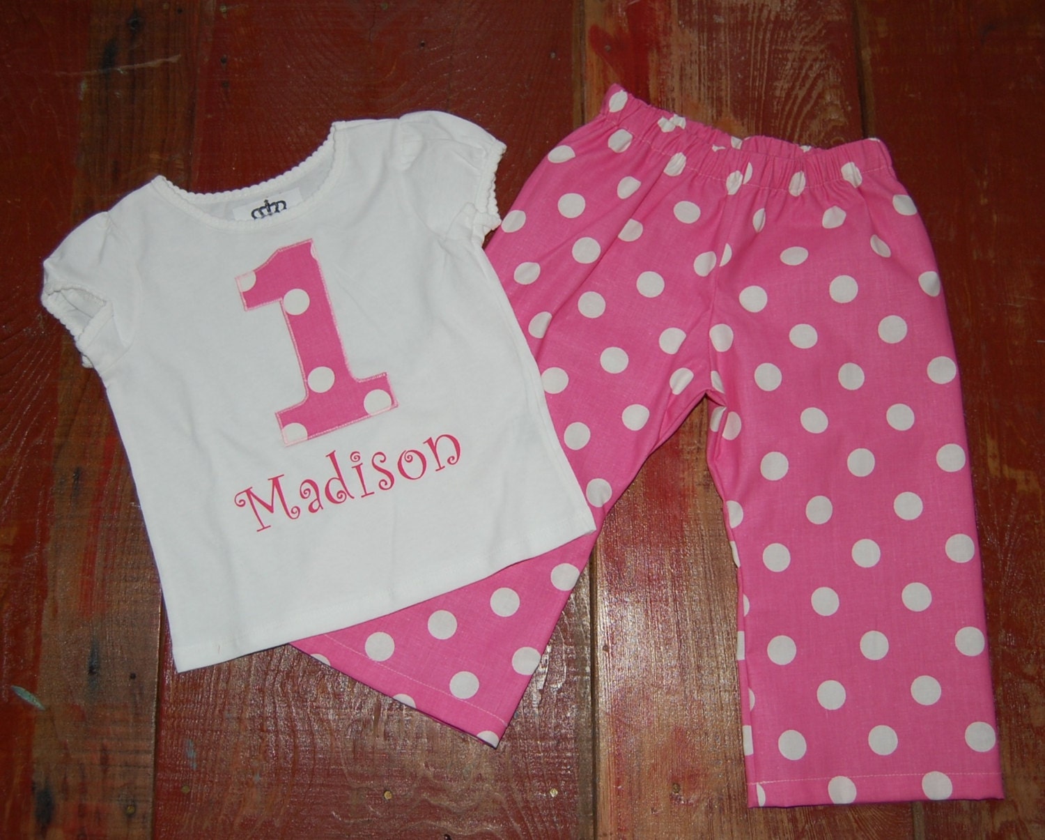 Custom name and number Girls pink  polka dot birthday pajamas