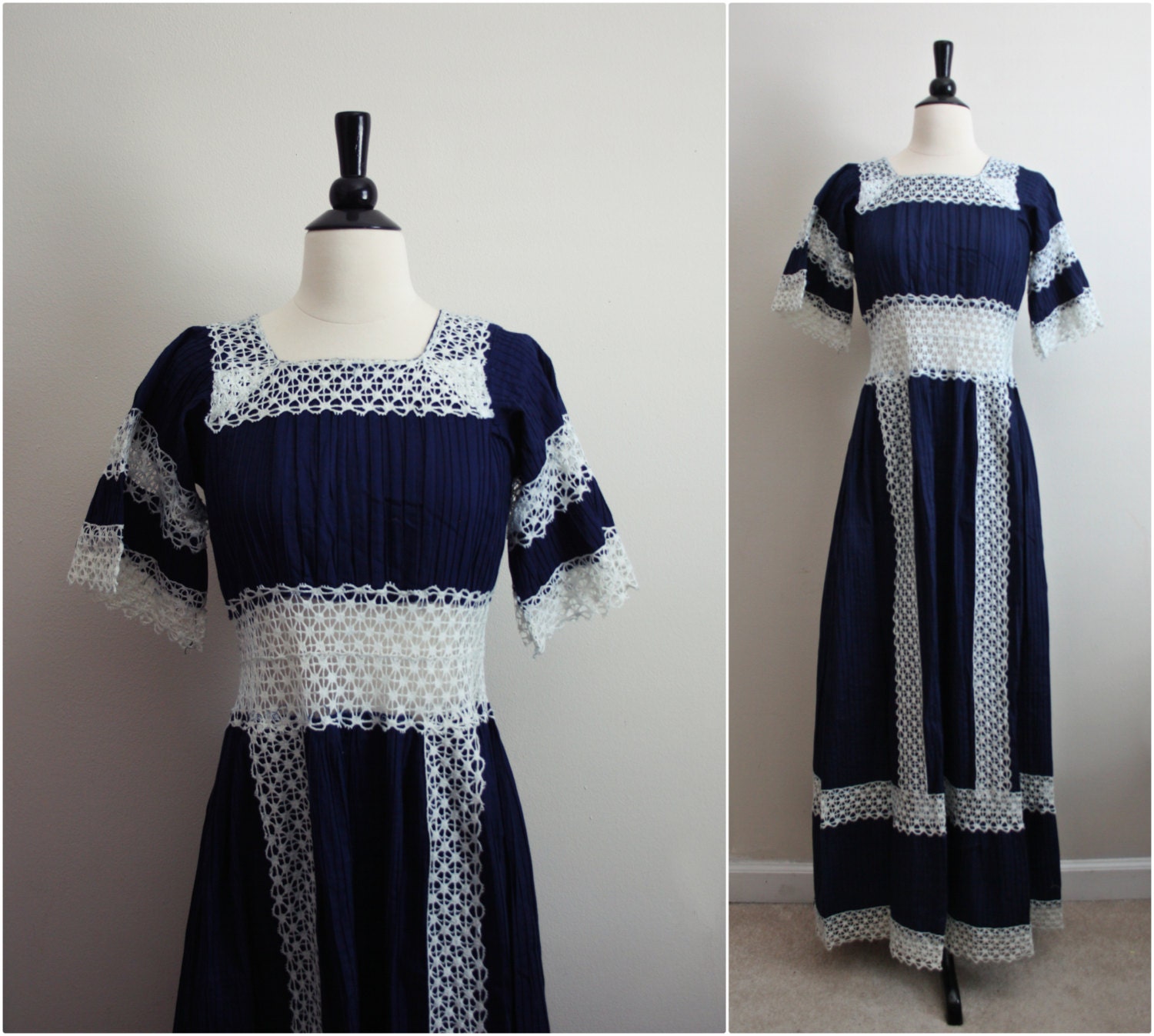 1970's Mexican Wedding Maxi Dress. Navy blue Dress. Lace Crochet dress. Metal zipper / Size S/M