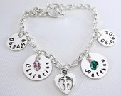 Personalized Bracelet - Two Names and Birthdates - Sterling Silver Baby Feet Heart Charm - Birthstone Crystals