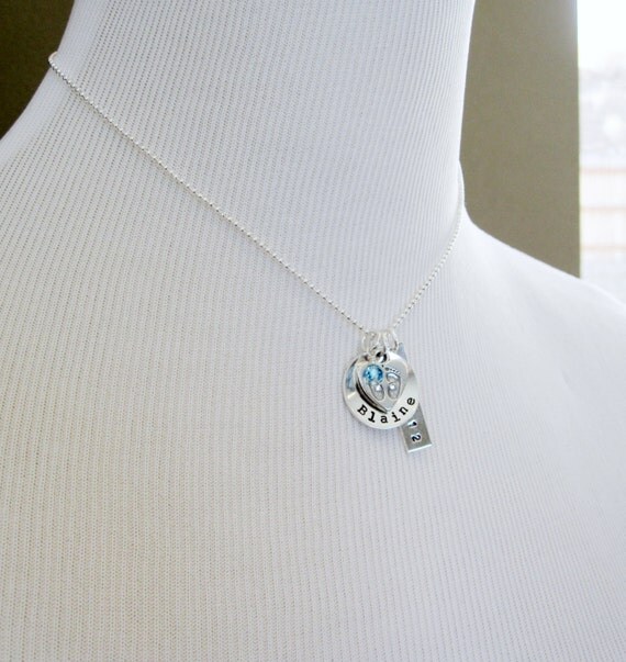 New Baby - New Mom Necklace - Personalized Name Birth Date - Baby Feet Heart Charm - Sterling Silver - Birthstone