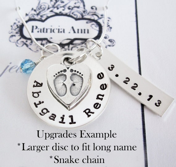 New Baby - New Mom Necklace - Personalized Name Birth Date - Baby Feet Heart Charm - Sterling Silver - Birthstone