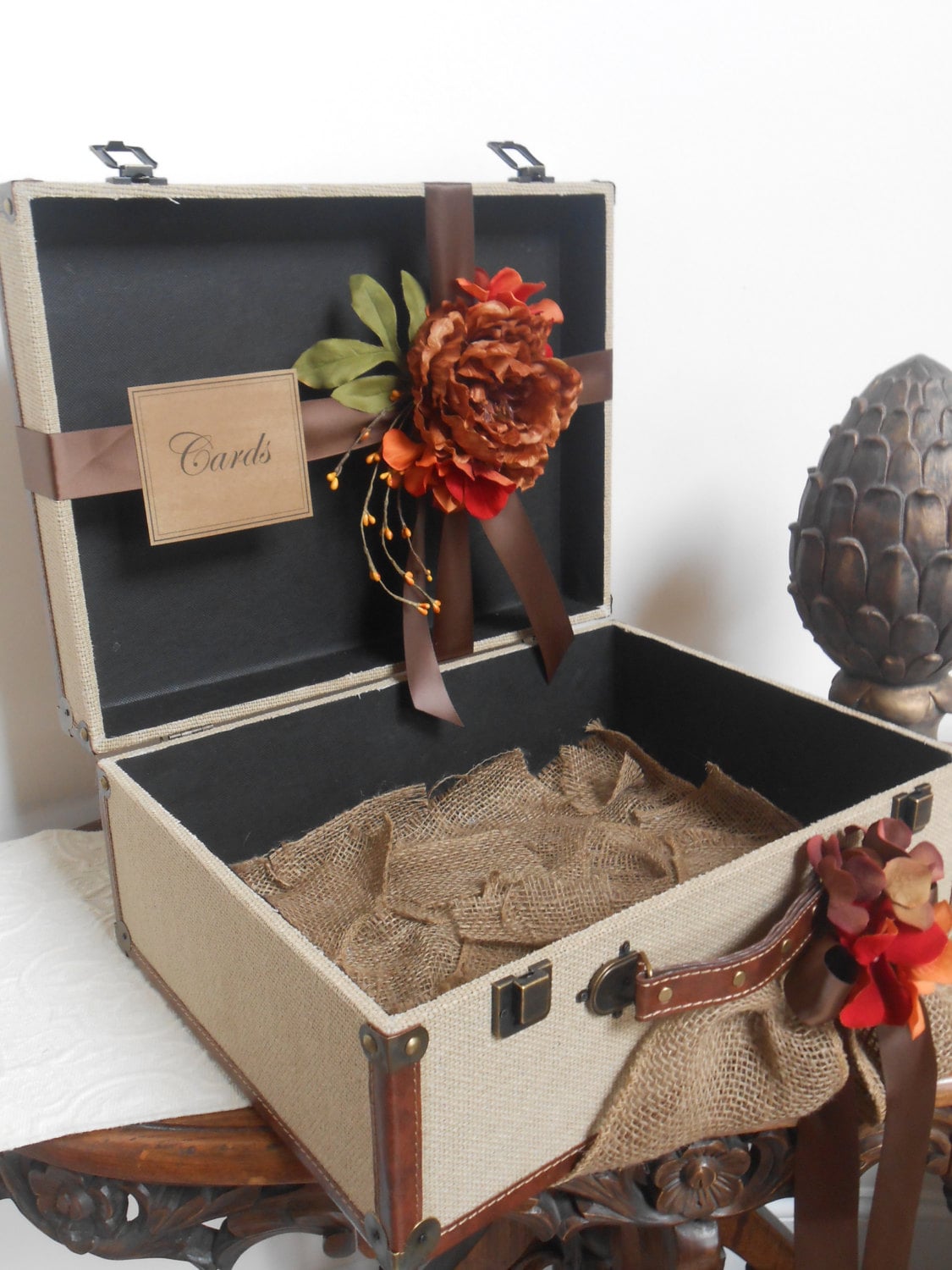 Burlap Suitcase Wedding Cardholder / Rustic Wedding Card Holder / Burlap Fall Wedding Decoration