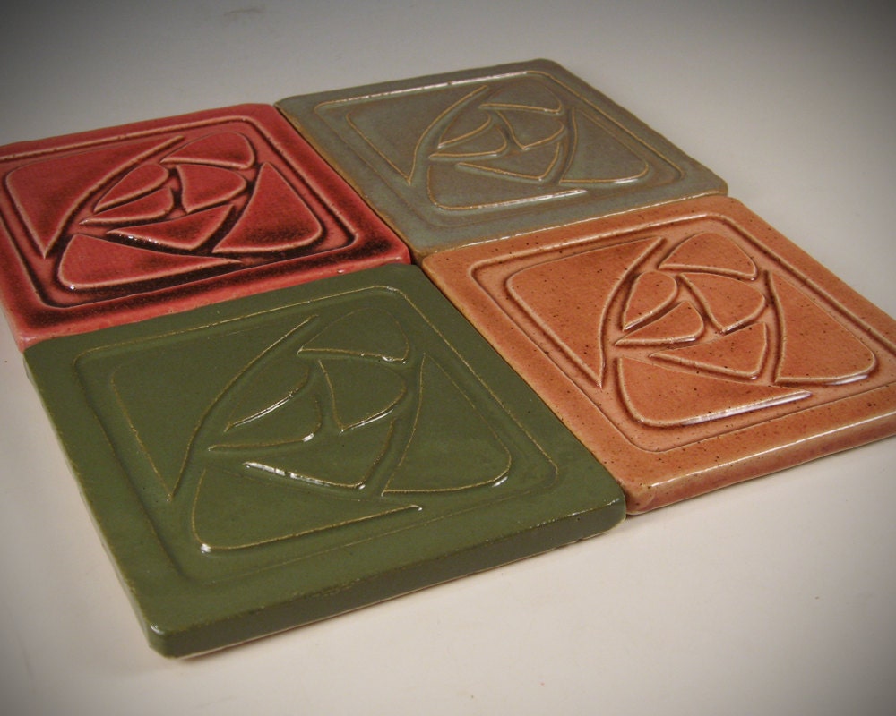 Arts and Crafts Mission Style Tile Coasters - Set of 4 Stylized Rose Design