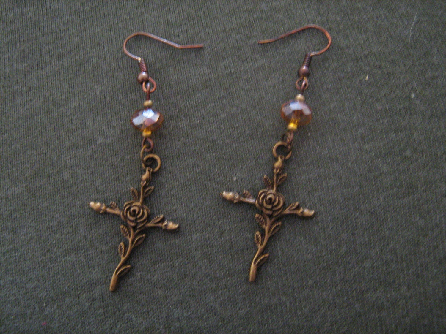 Amber crystal and rose cross earrings