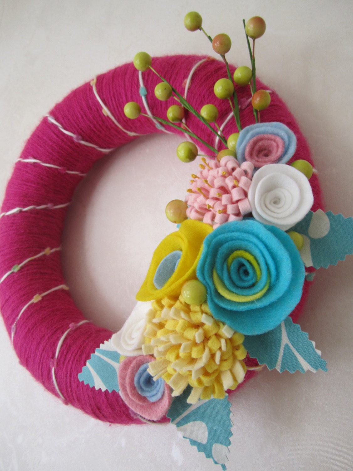 Pink Yarn Wreath with Teal Felt Flowers 10"