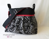 Stella Chevron Diaper Bag - Large Messenger Bag - Gray Damask and Black with Red accent- with Elastic Pockets Attaches to Stroller