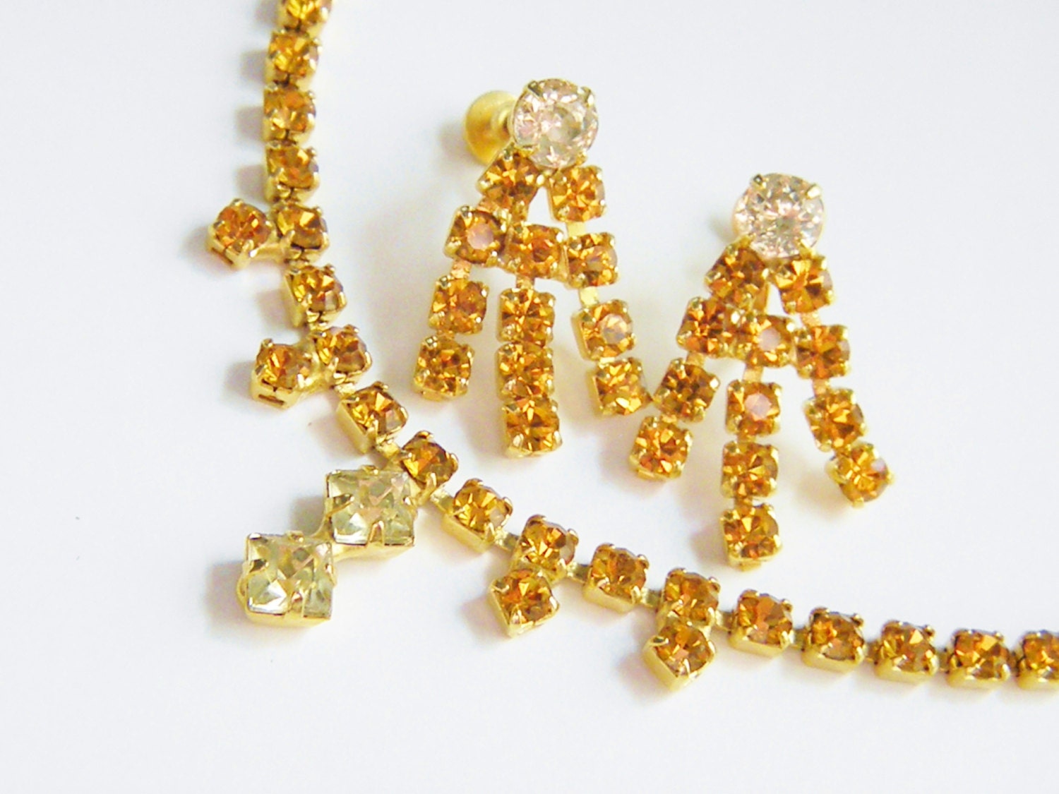 Vintage Orange Citrine Rhinestone Choker Dangle Earrings