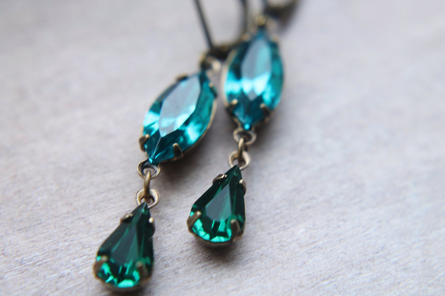 Long Swarovski Earrings - Teal Emerald Estate Heirloom Rhinestone Crystal Handmade Jewelry Gifts for Her.
