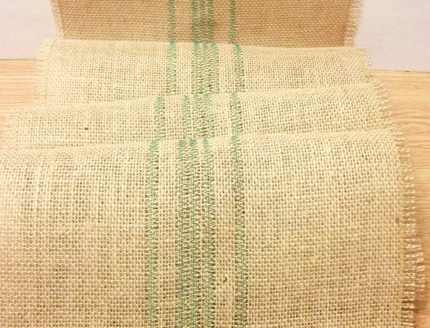 Burlap Table Runner With Embroidered Green Stripes for Home Decor