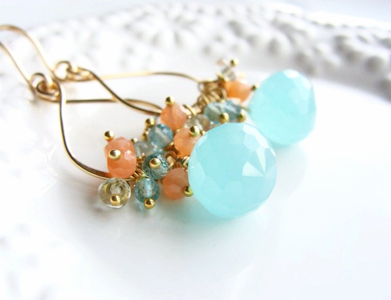 Cluster Earrings Aqua Chalcedony Earrings Peach Moonstone Aqua Blue Gemstone Beach Earrings 14k Gold Filled LEILANI earrings