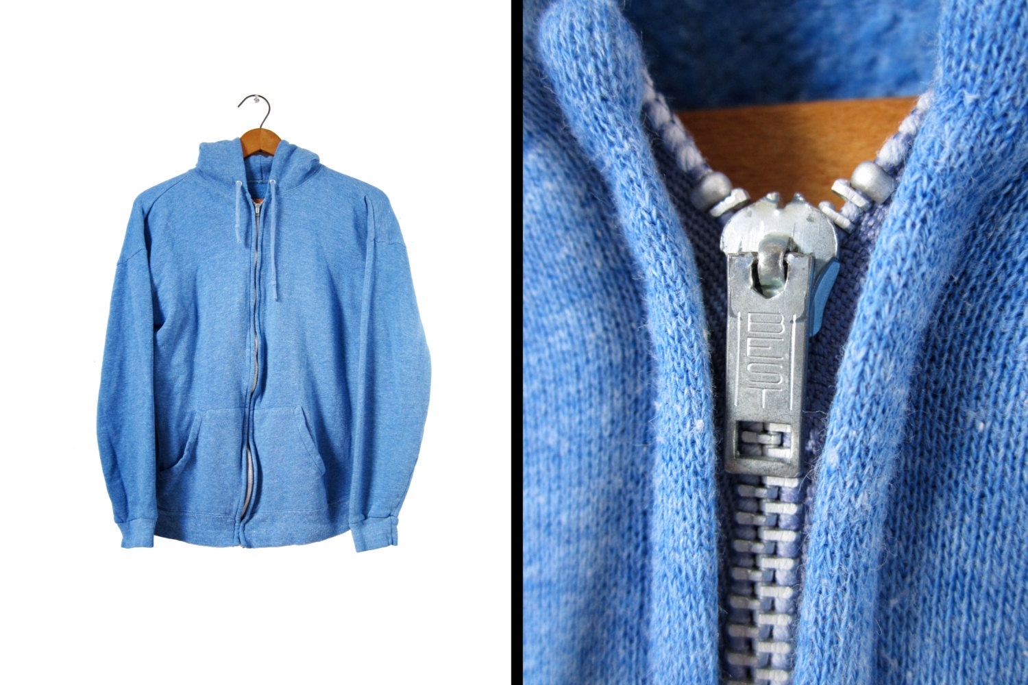 Vintage 60s Heather Blue Hoodie Zip Up Sweatshirt - Men's Small / Women's Medium
