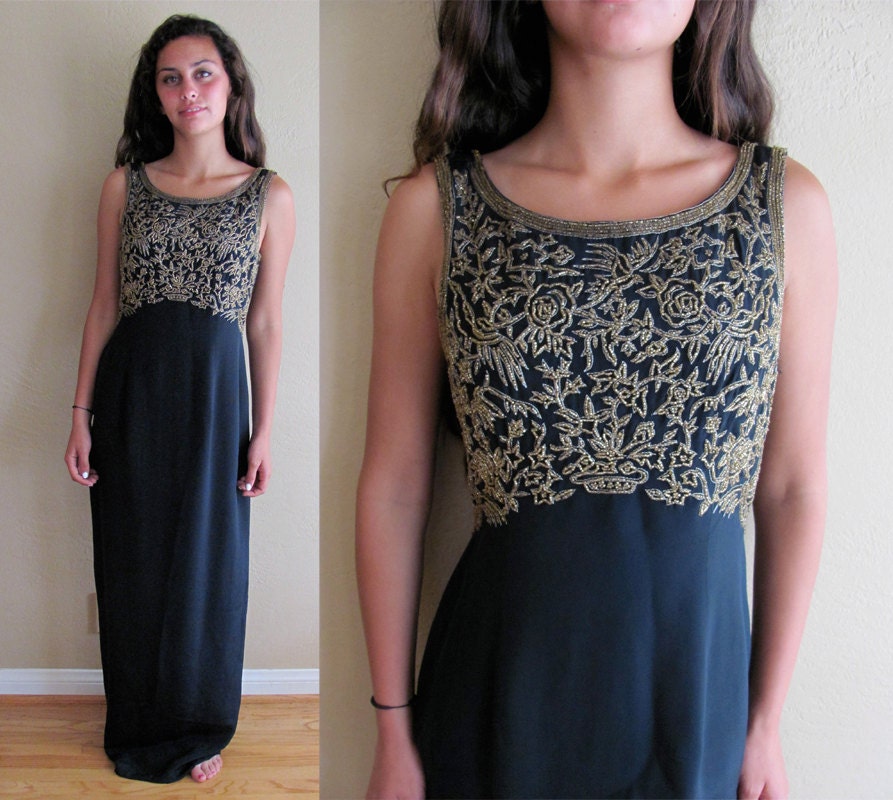 Blacktie Oleg Cassini - 100% Silk - Elegant 1990's Black Dress with Gold Beading and Low Back - Size 8 - For repair or alteration