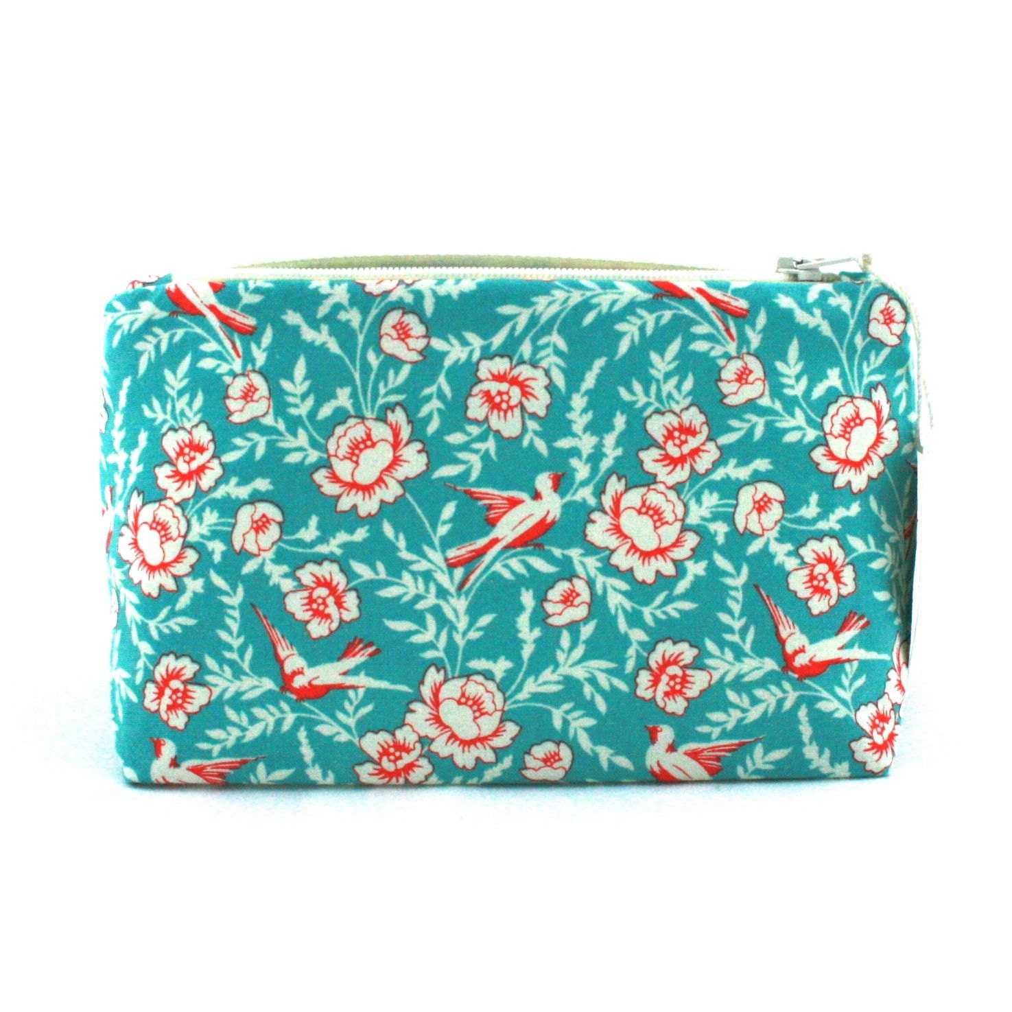 Aqua & Red Bird Makeup Bag / Cosmetic Bag in Retro Swallow Print - Gift for Her , Vintage Bridesmaid Gift, Birthday Gift, Mother's Day - JordaniSarreal