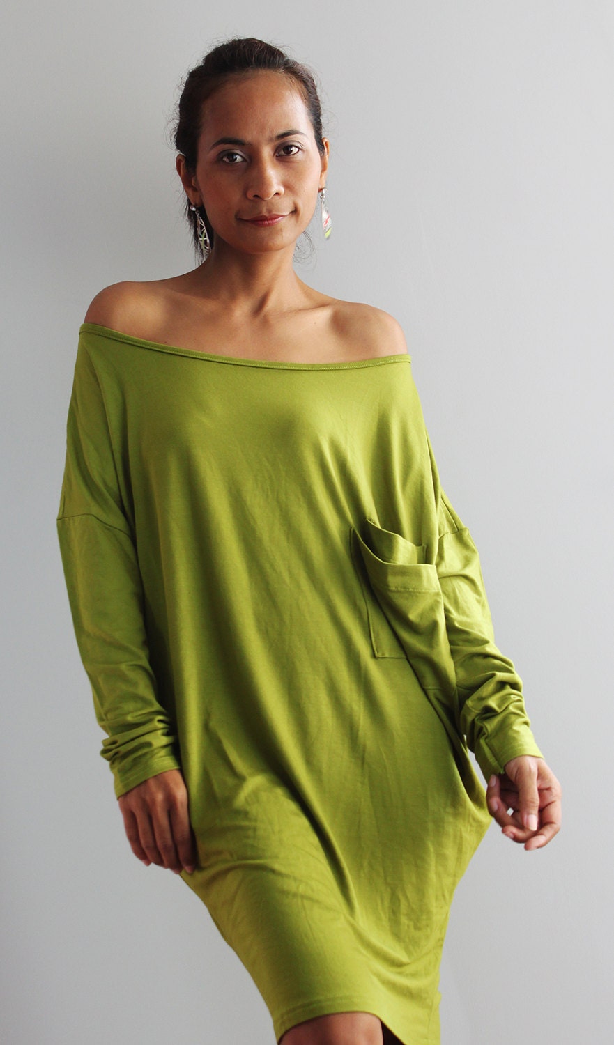 Olive Green Blouse Tunic Short Dress - Short Comfortable  Long Sleeve Dress : Urban Chic Collection No.1