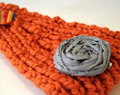 Pumpkin Spice -  Chunky Hand Knit Headband/Ear Warmer with Grey Fabric Rosette Clip