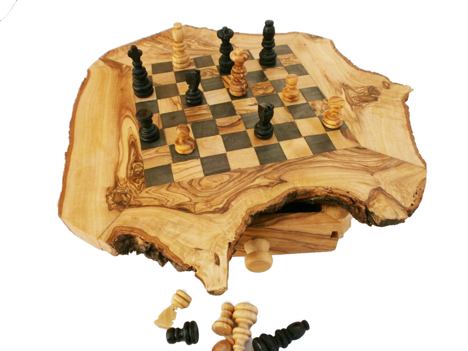 Father's Day Gift, Unique olive wood rustic custom engraved monogrammed personalized chess set / board (Small), Dad gift, Birthday gift