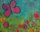 In Bloom....Original Canvas Painting...Mixed Media Whimsical Artwork....Butterfly in Spring