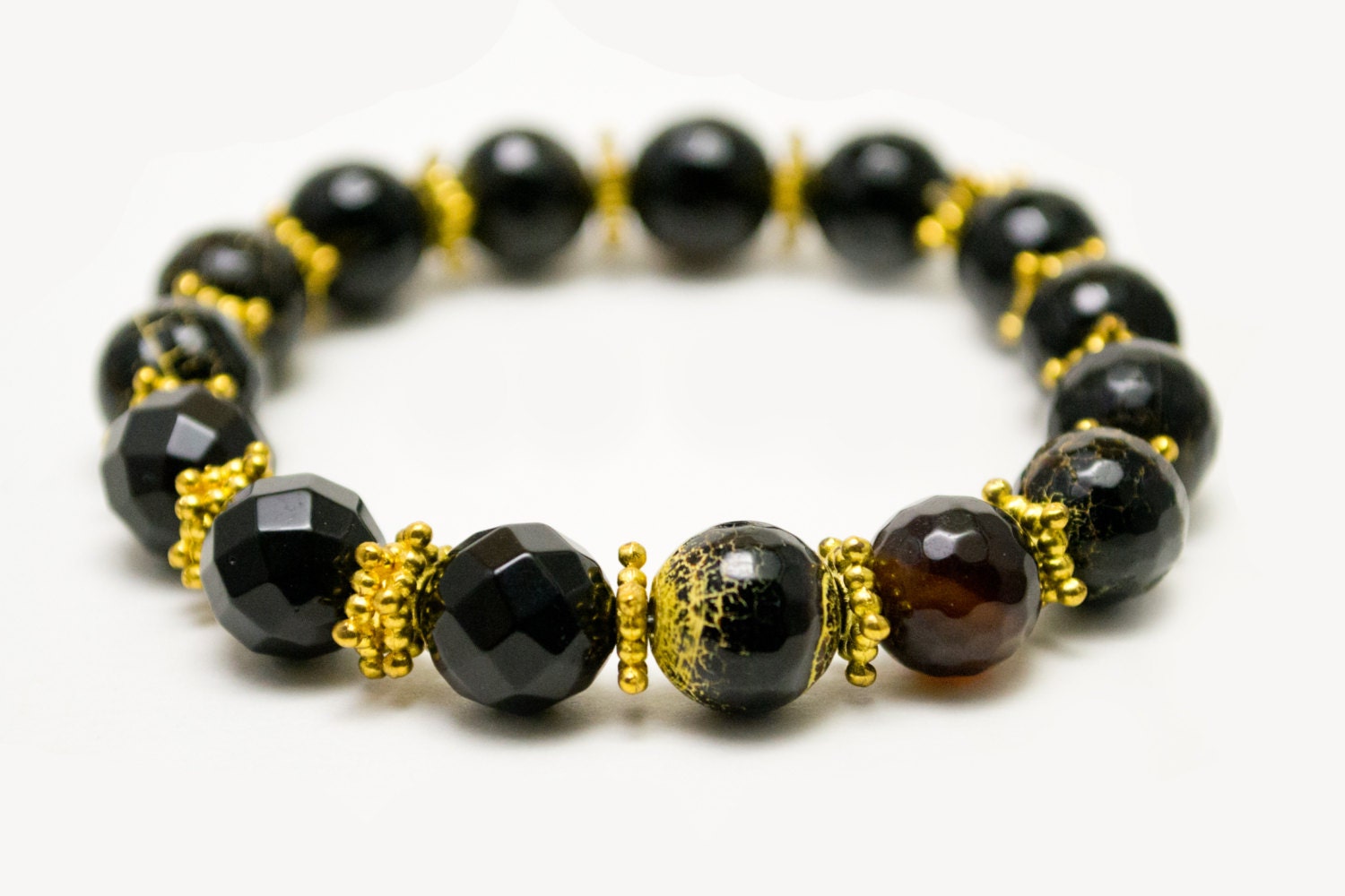 SALE - Cracked Agate & Obsidian Wrist Mala Beads, Mala Bracelet, Agate Bracelet, Yoga Jewelry
