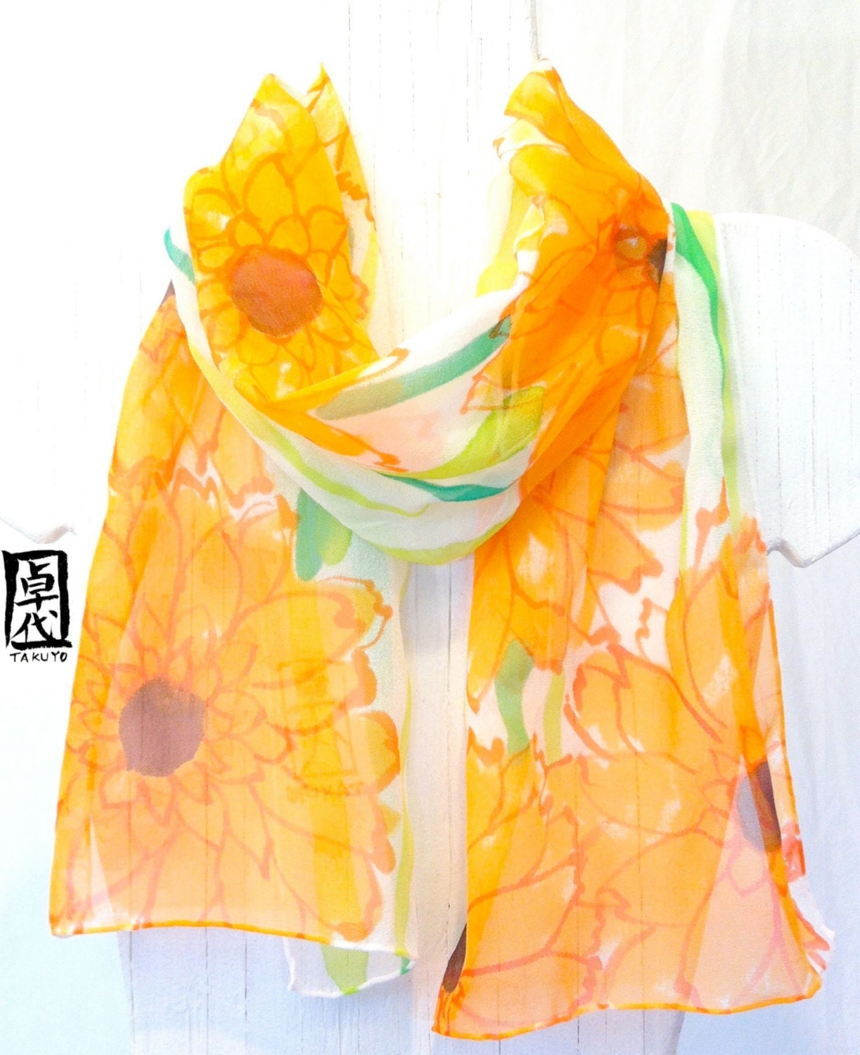Hand Painted Silk Scarf. Floral Scarf. Spring Tangerine Orange Garbera Flowers Scarf. Orange Silk Chiffon Scarf. 10x54 in. Made to order.