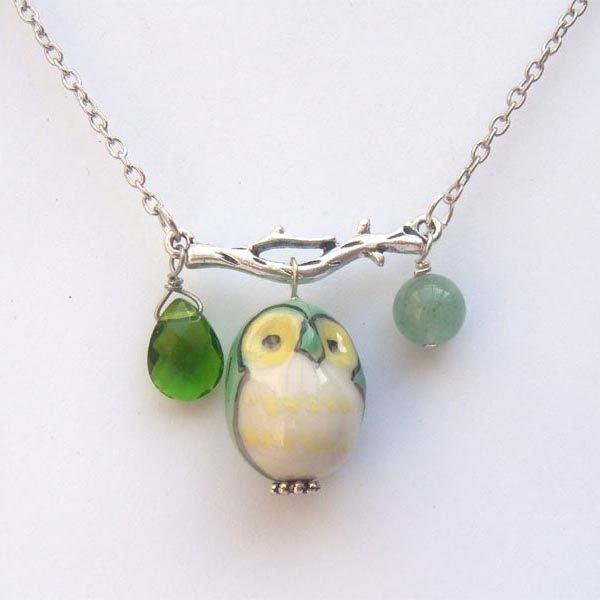 Silver Leaf  Jade Quartz  Porcelain Owl Necklace