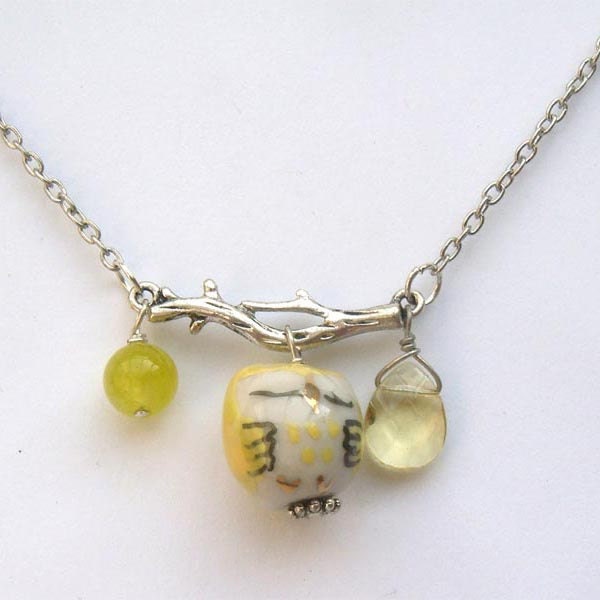Silver Leaf Yellow Jade Quartz  Porcelain Owl Necklace