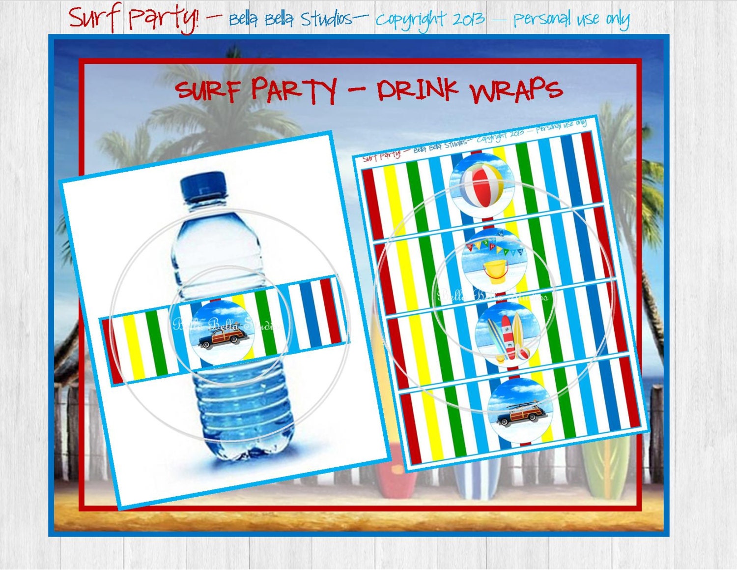 SURF Party - Beach Party - Pool Party Instant Download Printable DRINK WRAPS by Bella Bella Studios Il_570xn