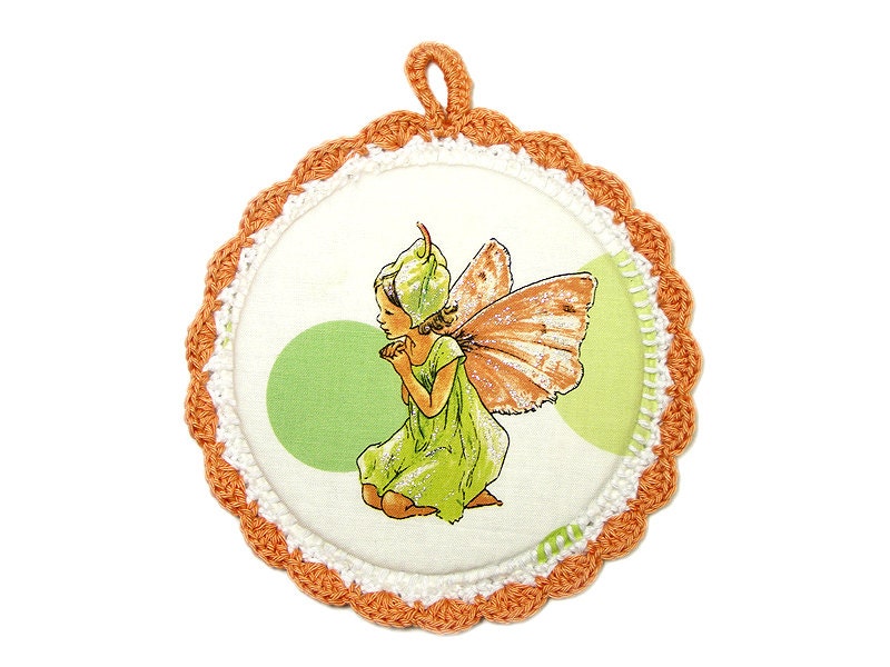 Fairy Tale - Fabric Picture in a Crochet frame - Wall art for kids room - Apple fairy fabric