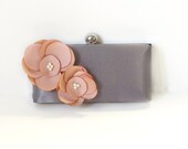 Romantic Clutch Purse with Handmade Flower Adornment and Pearls- Gray and Blush
