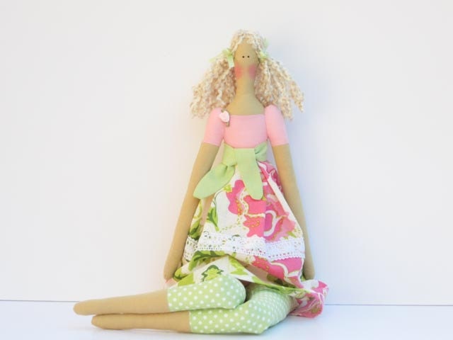 Fabric doll in pink green rose dress blonde cloth doll art doll - cute stuffed doll rag doll birthday gift for girls Mothers day gift