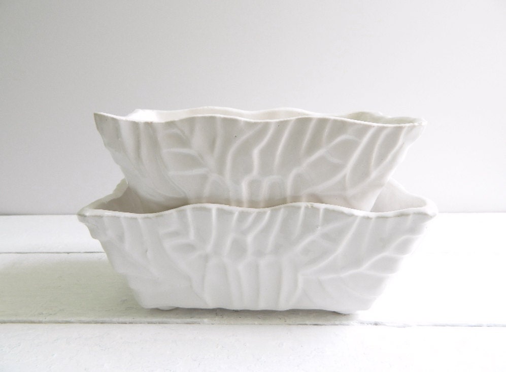 Vintage Set of 2 Upco Planters - White Ceramic Leaf Pattern Flower Pots