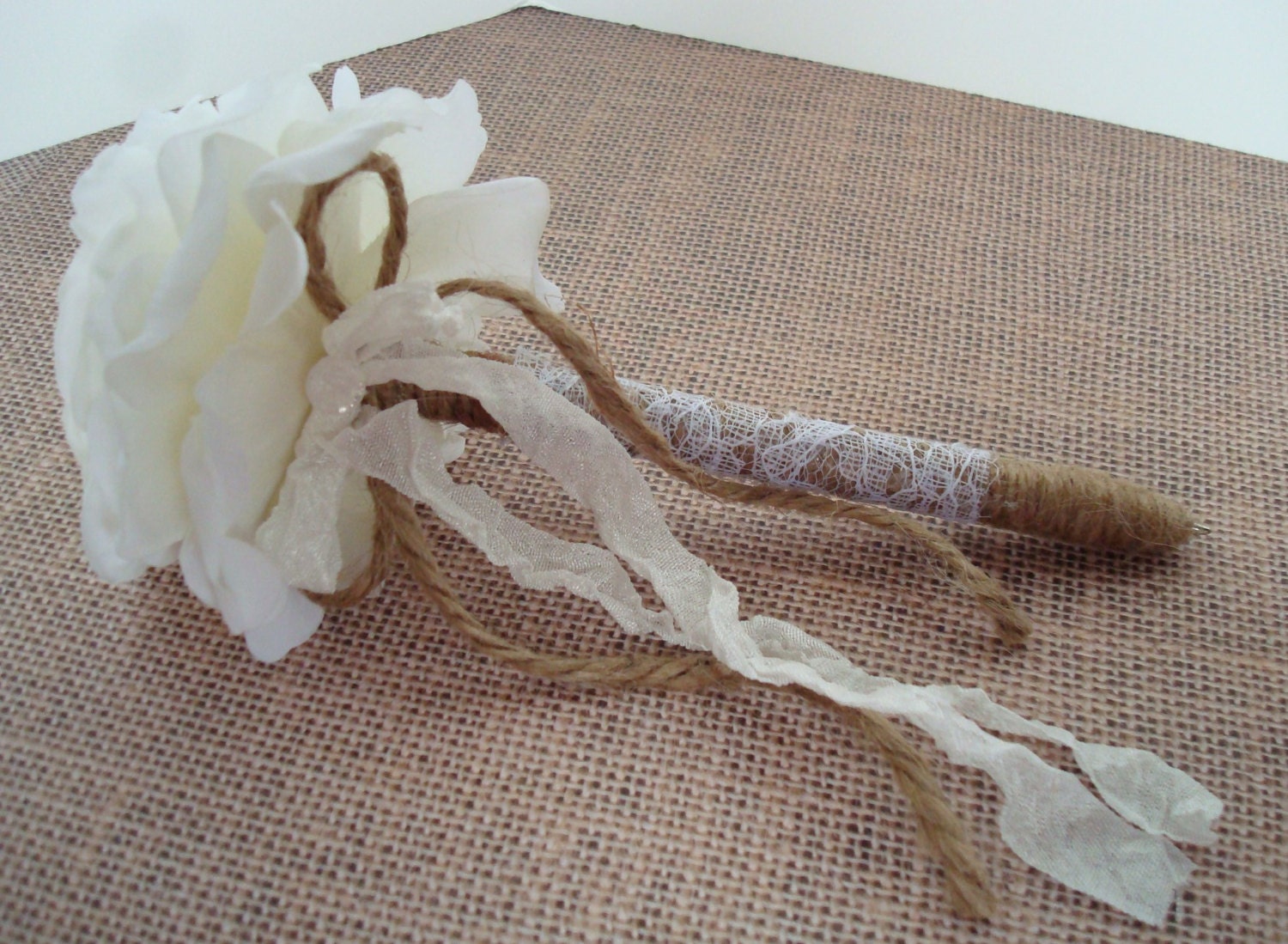 Flower pen-rose guest book pen-wedding flower pen-jute wrapped pen-black ink-vintage rustic wedding-shabby chic.
