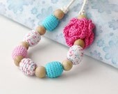 Pink blue nursing necklace with flower Baby shower gift for mom to be New mom Expectant mother Hot pink turquoise floral jewelry
