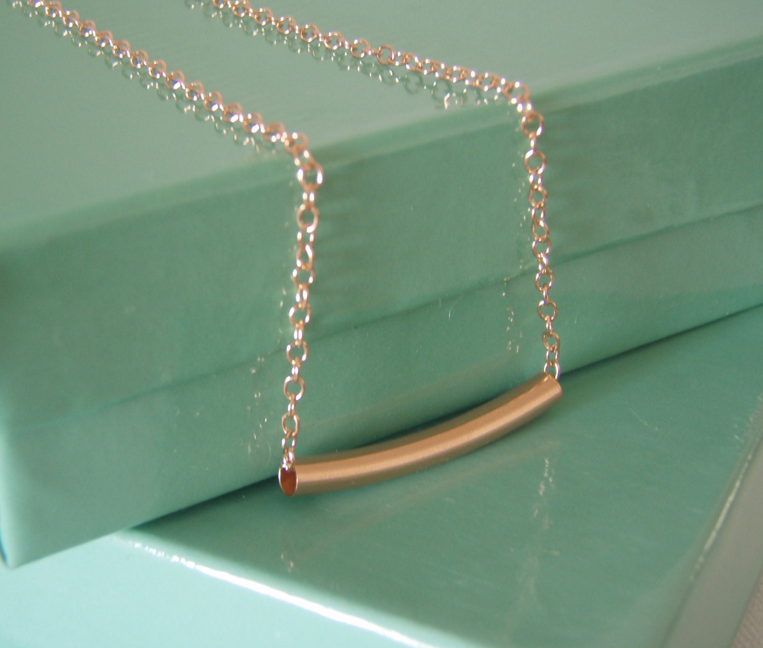 Rose Gold Tube Necklace- Pink Gold Filled Curved Bar Necklace- Rose Gold Noodle Necklace- Tube- Delicate Simple Jewelry
