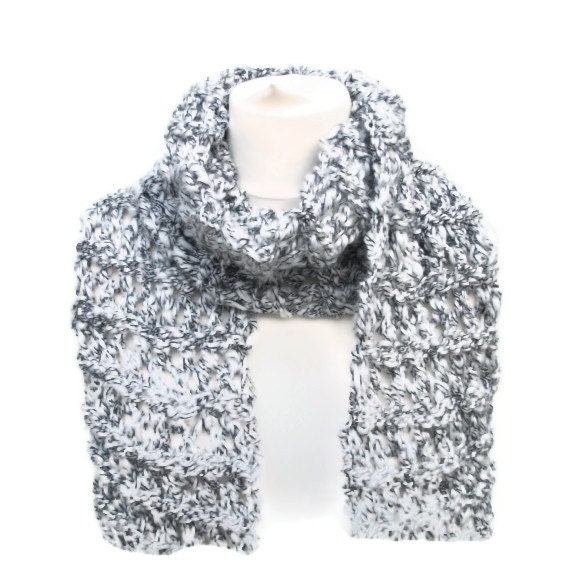 Long chunky scarf  hand knitted black and white.