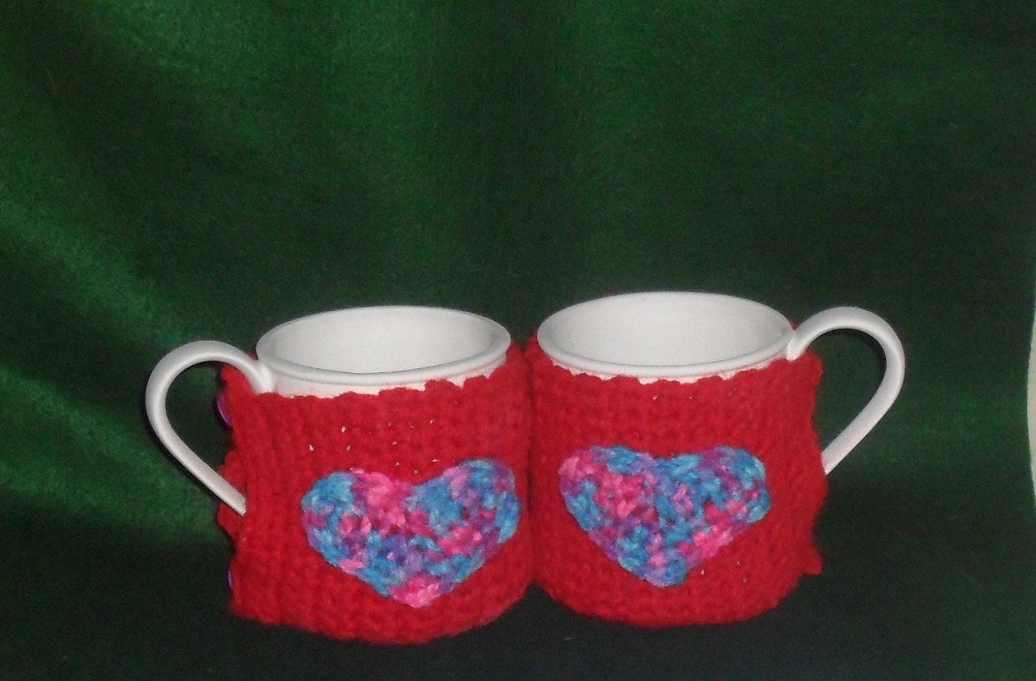 Red Valentine Crochet Cup Cozy. Set of 2. Pink and Purple Heart  Accents.