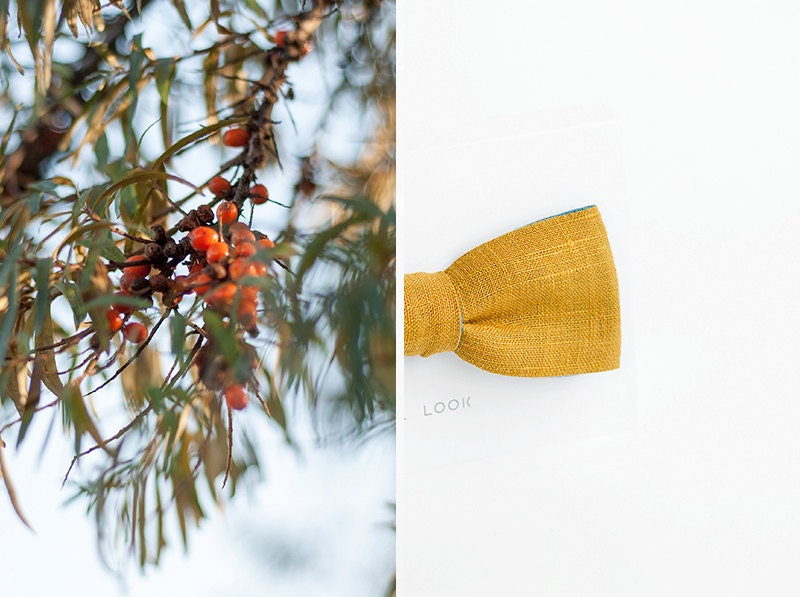 Men's bow tie in mustard and teal