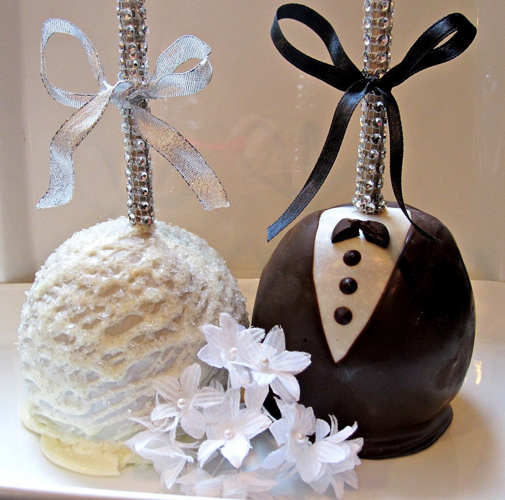 Bride & Groom Chocolate Covered Apples with Silver Bling Sticks