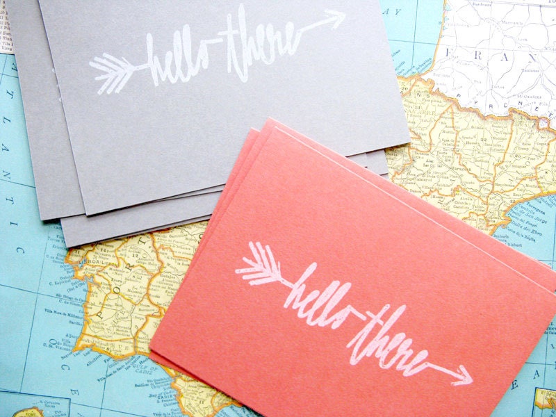 Hello There Arrow Card // Hand drawn Type // Gocco Printed // Coral Pink and Gray