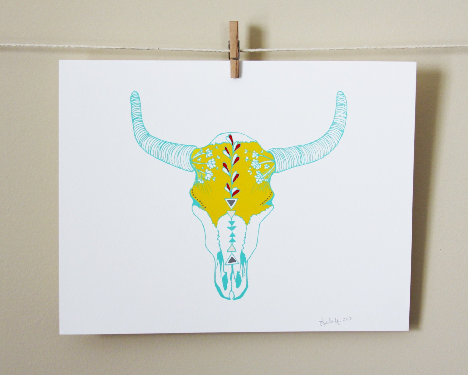 Botanical Buffalo Skull, digital art print, 8x10