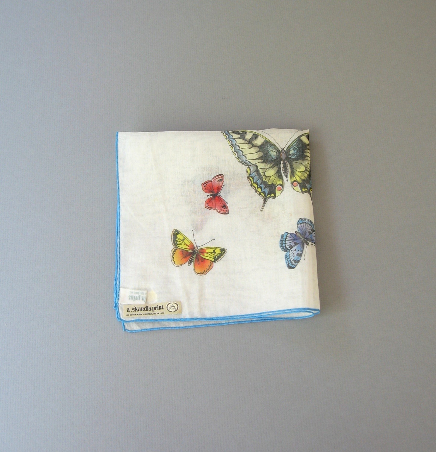 Mid Century Skandia Print Illustrated Swiss Handkerchief - Butterflies