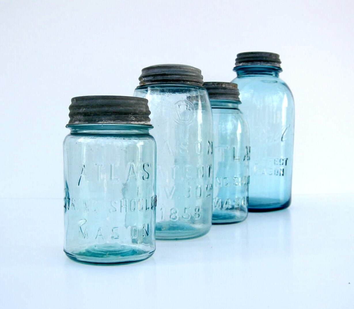 Blue Mason Jars with Zinc and Milk Glass Lids - 1/2 gallon and quart size and pint Size - Set of 4 Ball, Atlas and Mason Jars